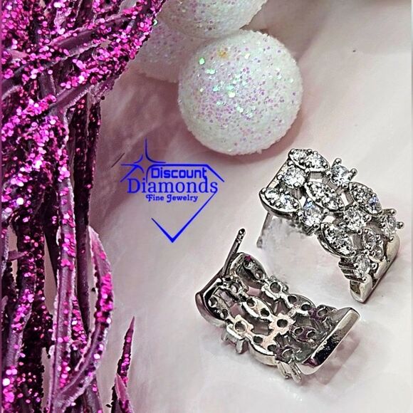 Clear White Baguette Diamond Earrings on 925 Sterling Silver - Picture 3 of 13